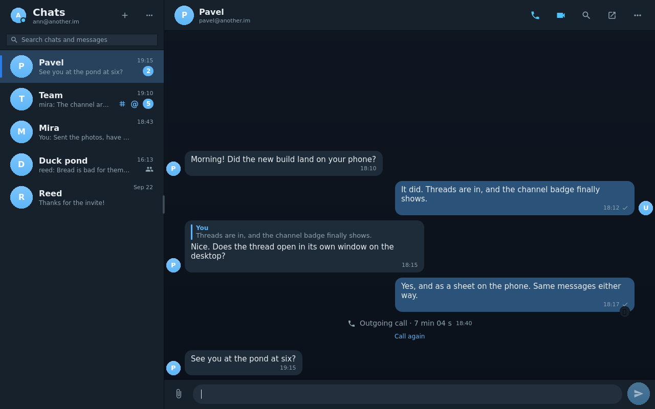 another.im (Qt) on Linux: the chat list beside a conversation, dark palette