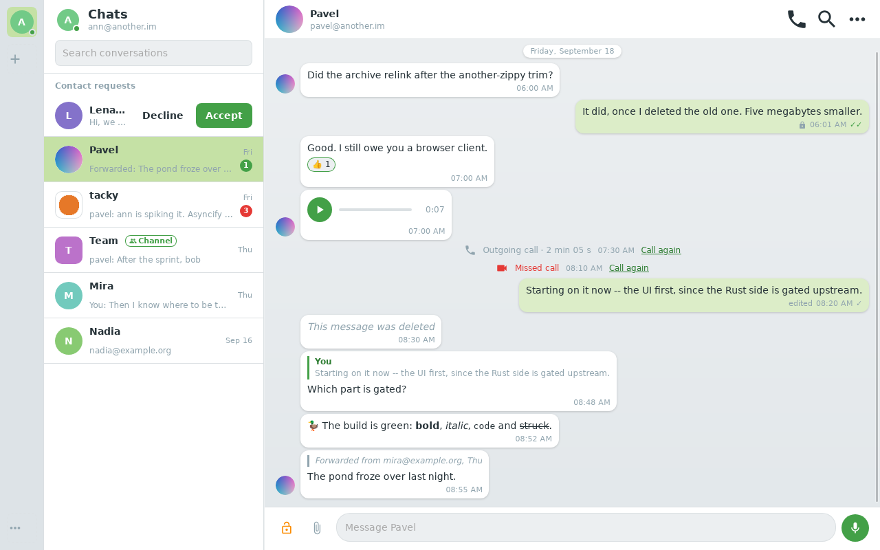 another.im (Tauri) on Linux: a conversation with replies, a voice note and a call